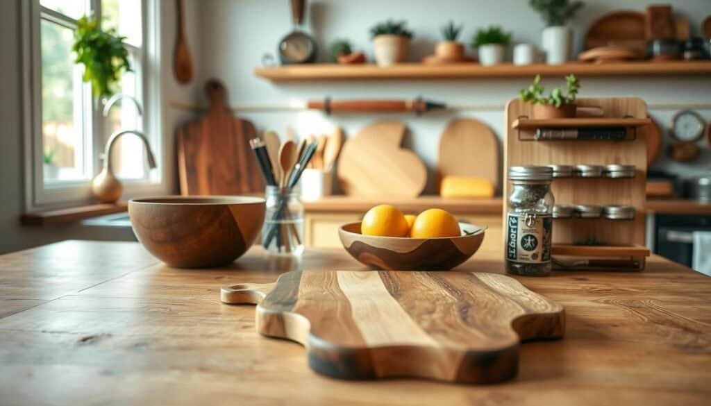 A beautifully organized wood kitchen project setup, featuring a rustic wooden countertop adorned with various DIY wood accents like a handcrafted cutting board, a stylish wooden fruit bowl, and elegant spice rack. In the foreground, soft sunlight streams in through a kitchen window, illuminating the wood grain details and enhancing the warm tones of the natural materials. The middle ground showcases the subtle textures of the kitchen elements, including metal utensils and greenery from potted herbs. In the background, a cozy kitchen scene reveals wooden cabinetry and decor that evoke a sense of creativity and pride in craftsmanship. The atmosphere is inviting and inspirational, encouraging viewers to engage in their own DIY projects. The shot captures this moment from a slightly elevated angle to create depth and showcase the meticulous details.