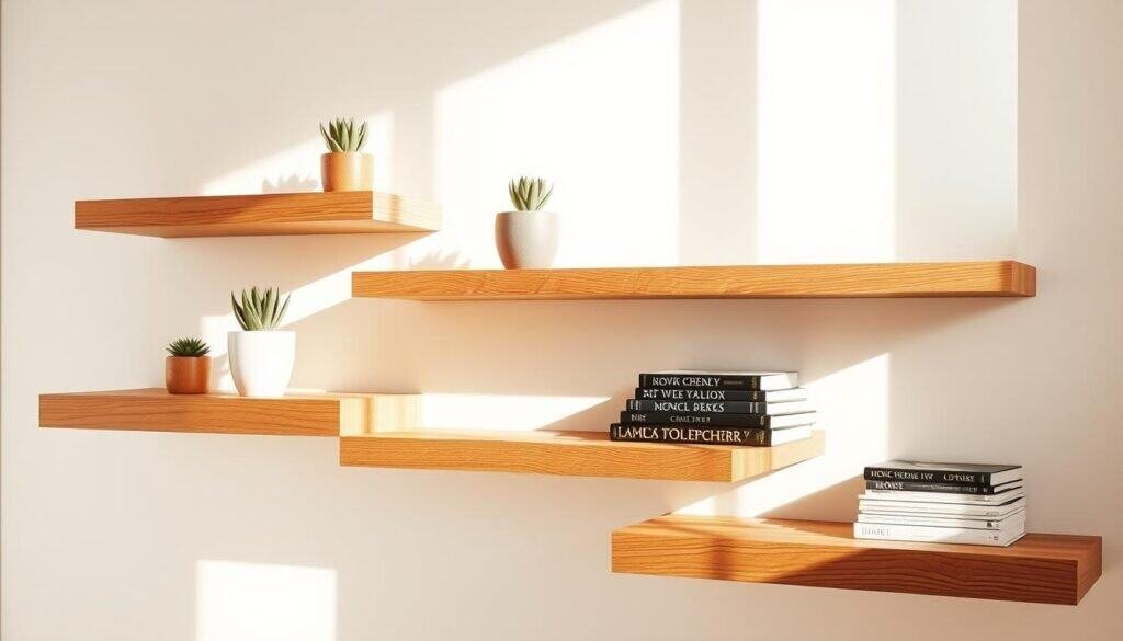 A beautifully styled floating wood ledge system against a bright, airy backdrop. The ledges are crafted from smooth, grained oak planks, arranged in a staggered, asymmetrical pattern. Delicate potted succulents, a sleek vase, and a stack of neatly organized hardcover books adorn the shelves, casting gentle shadows. Warm, natural lighting from a large window filters in, illuminating the wood's rich tones and highlighting its intricate texture. The overall scene exudes a sense of minimalist elegance and thoughtful, high-end styling.