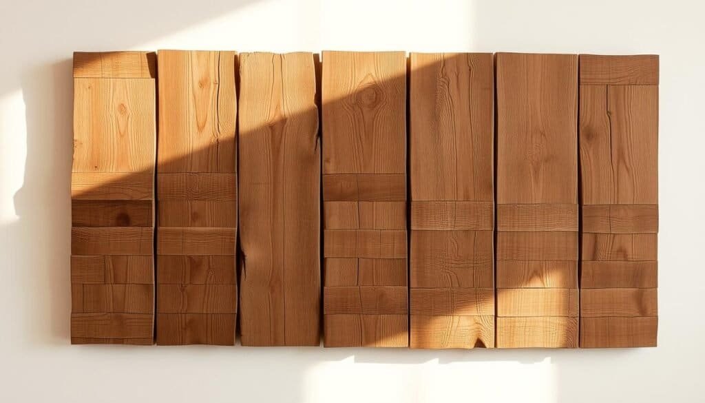 A beautifully weathered reclaimed wood wall art piece, its natural grains and patina creating a warm, rustic focal point. Softly lit from the side, the uneven wooden planks cast gentle shadows, adding depth and texture. The arrangement is carefully curated, with each board's unique character complementing the others. Minimal, yet impactful, this handcrafted display brings an authentic, lived-in charm to the space. A stunning representation of transforming forgotten materials into a stunning work of art.