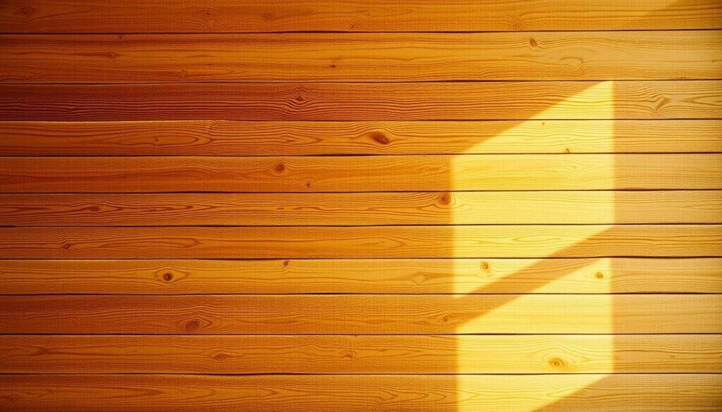 A beautifully weathered wooden wall in warm, golden tones, featuring a visually striking, asymmetrical pattern of horizontal and vertical planks. The texture of the wood is rich and tactile, with knots, grains, and subtle imperfections adding character. Soft, diffused lighting from an unseen window creates a cozy, inviting atmosphere, casting gentle shadows that accentuate the depth and dimension of the wooden surface. The wall fills the frame, creating a serene, minimalist backdrop that would perfectly complement a small, artfully styled kitchen shelf.