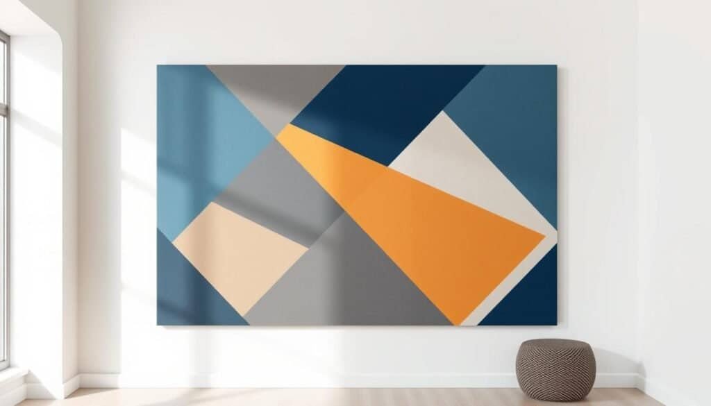 A bold, abstract statement wall art piece, featuring a striking geometric pattern in a harmonious color palette of rich blues, warm ochres, and muted grays. The artwork is composed of clean, angular shapes that intersect and overlap, creating a sense of depth and visual interest. The lighting is soft and diffused, casting gentle shadows that accentuate the dimensionality of the piece. The artwork is presented against a minimalist, white-walled interior, allowing the statement piece to be the focal point of the space. The overall atmosphere is one of modern sophistication and a refined, considered aesthetic.