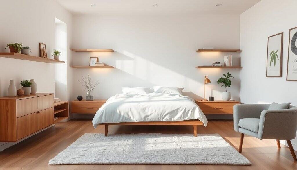 A bright, airy bedroom with minimalist decor and soothing tones. Streamlined wooden shelves and floating nightstands neatly display a few decorative accents, plants, and books. Soft, diffused lighting casts a warm glow, creating a tranquil atmosphere. The bed is made with crisp, white linens, complemented by a plush gray area rug. An armchair in a neutral fabric sits in the corner, inviting relaxation. The overall look is clean, organized, and calming, embodying the essence of a peaceful, decluttered retreat.