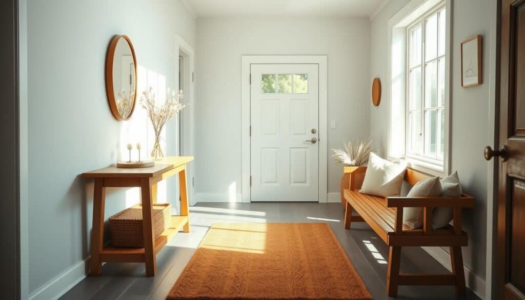 A bright, airy entryway with warm wooden accents and a touch of natural greenery. Sunlight filters through a large window, casting a soft glow over a handcrafted wooden console table adorned with a simple vase of fresh flowers. Beside it, a plush area rug in earthy tones anchors the space, leading the eye towards a welcoming bench with cozy throw pillows. Minimalist wall decor, such as a rustic mirror or a small piece of abstract art, adds a touch of personality. The overall atmosphere is one of calm, inviting elegance, perfectly suited for a modern farmhouse or Scandinavian-inspired home.