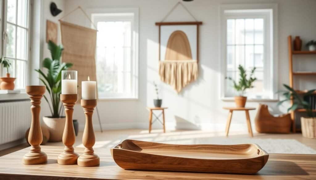 A bright, airy home studio filled with natural light, showcasing a harmonious arrangement of finely crafted wooden home decor pieces. In the foreground, a set of elegant, minimalist wooden candleholders and a decorative wooden tray with a clean, organic design. In the middle ground, a wooden wall hanging with a unique, textural pattern, complemented by a small potted plant on a wooden side table. In the background, a large, framed piece of art with a subtle, wood-inspired motif, creating a cohesive and visually appealing display. The overall mood is one of calm, refined simplicity, highlighting the beauty and natural warmth of these carefully selected wooden accents.