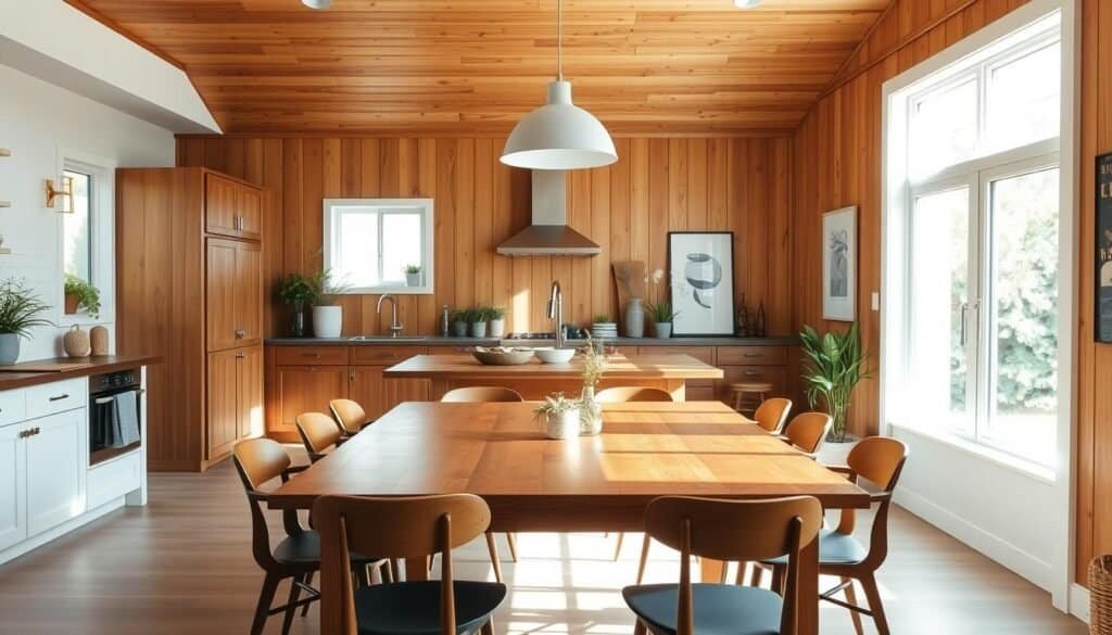 A bright, airy kitchen and dining area with warm wood accent walls. The focal point is a rustic farmhouse-style wooden dining table surrounded by mid-century modern chairs. Soft, diffused natural light streams in through large windows, casting a cozy glow on the space. The walls are paneled with rich, honey-toned wood planks, adding depth and texture to the room. Overhead, a sleek, minimalist pendant light fixture illuminates the space. Potted plants and a few pieces of modern artwork complete the inviting, effortless ambiance.