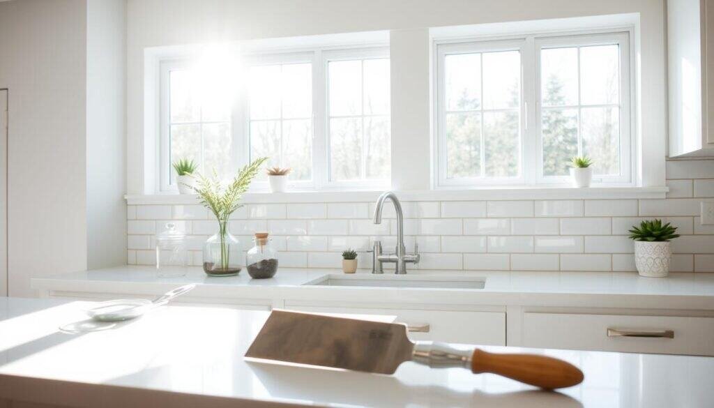 A bright, airy kitchen with a newly installed white subway tile backsplash. Sunlight streams in through large windows, casting a warm glow on the clean, modern surfaces. Decorative glass jars, small potted plants, and a few carefully placed kitchen utensils add subtle pops of color and texture to the scene. The backsplash tiles are meticulously arranged in a classic, offset pattern, reflecting the light and creating a sense of depth and dimension. In the foreground, a few DIY tools, such as a trowel and grout float, hint at the recent project. The overall atmosphere is one of a relaxed, weekend afternoon spent enhancing a cherished living space.