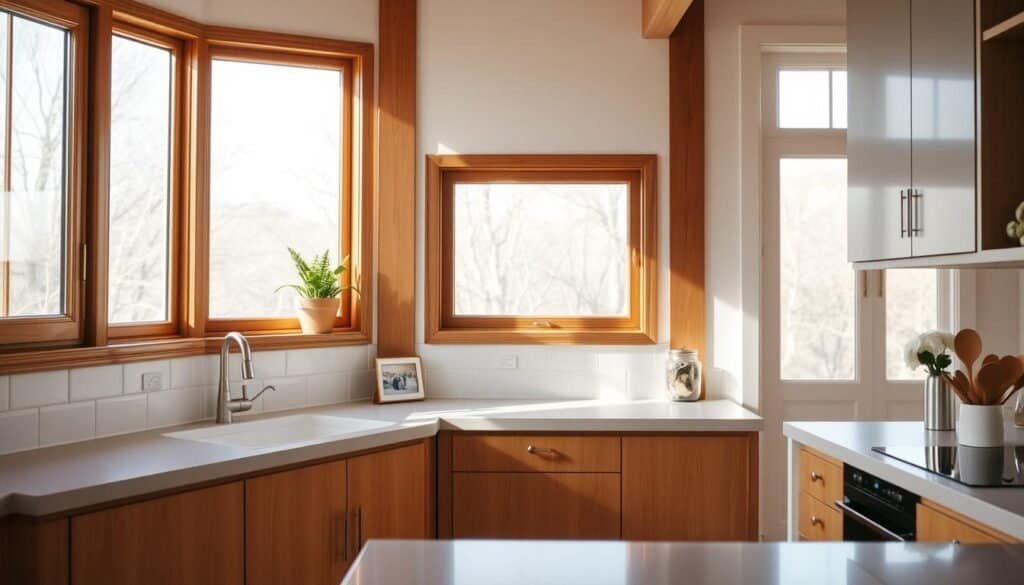 A bright, airy kitchen with warm wooden accents and natural light streaming in through large windows. A small potted plant on the windowsill, a vase of fresh flowers on the countertop, and a few carefully curated kitchen accessories add pops of color and personality. The backsplash features a simple, elegant tile pattern that complements the clean, modern cabinetry. The overall atmosphere is one of calm, inviting inspiration - a space that encourages creativity and enjoyment in the culinary process. A bright, airy kitchen with warm wooden accents and natural light streaming in through large windows. A small potted plant on the windowsill, a vase of fresh flowers on the countertop, and a few carefully curated kitchen accessories add pops of color and personality. The backsplash features a simple, elegant tile pattern that complements the clean, modern cabinetry. The overall atmosphere is one of calm, inviting inspiration - a space that encourages creativity and enjoyment in the culinary process.