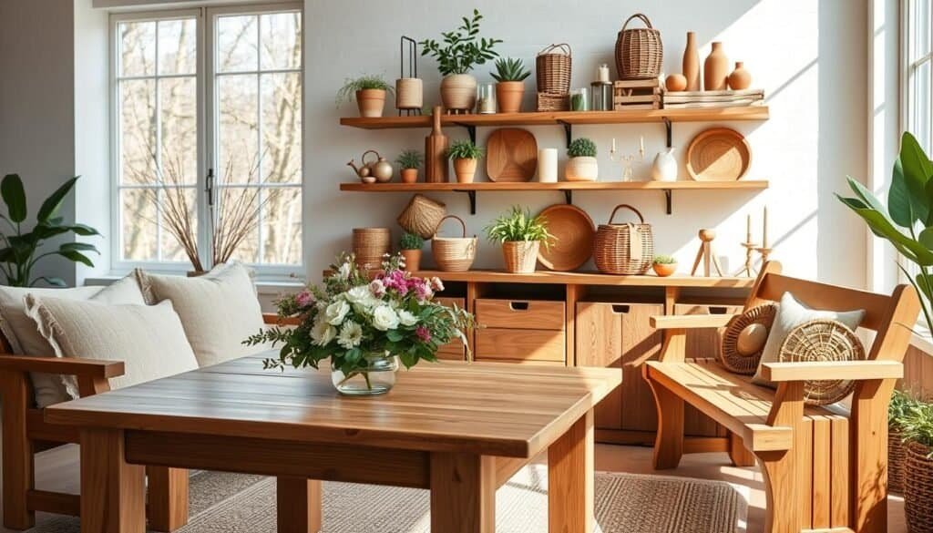 A bright, airy spring scene showcasing a variety of rustic wood decor items. In the foreground, a natural wood table with a simple, elegant floral centerpiece. Alongside, a wooden bench adorned with soft, textured throw pillows. In the middle ground, a wooden wall shelf displaying an assortment of potted plants, woven baskets, and candleholders. The background features a large window allowing natural light to flood the space, highlighting the warm, earthy tones of the wood accents. Subtle shadows and reflections add depth and dimension to the composition. The overall mood is one of relaxed, cozy sophistication.