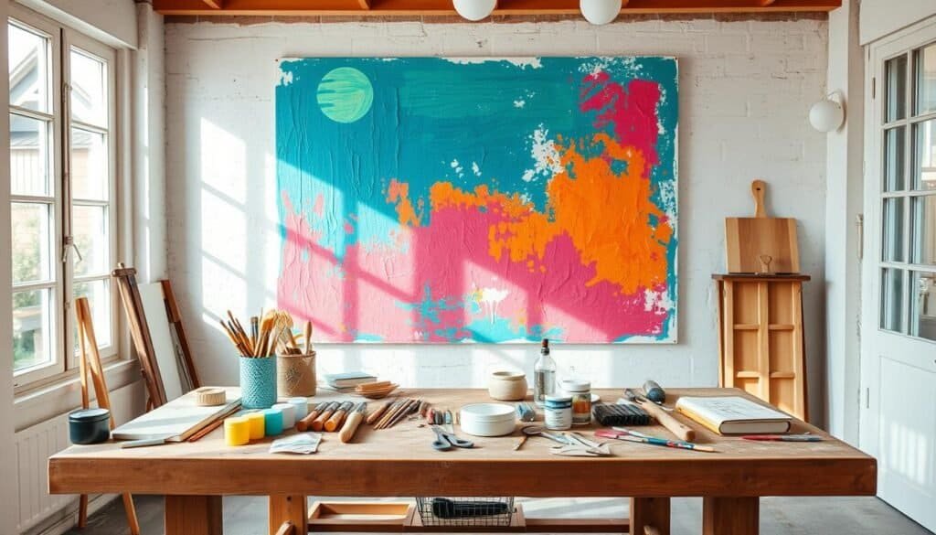 A bright, airy studio space with natural sunlight filtering in through large windows. An assortment of painting supplies laid out on a sturdy wooden workbench - brushes, paints, and various tools. A partially completed DIY wall project takes center stage, showcasing a vibrant, textured painting in progress. The scene exudes a sense of creativity, accomplishment, and a touch of rustic charm. The image captures the satisfaction and pride of a hands-on home décor project.