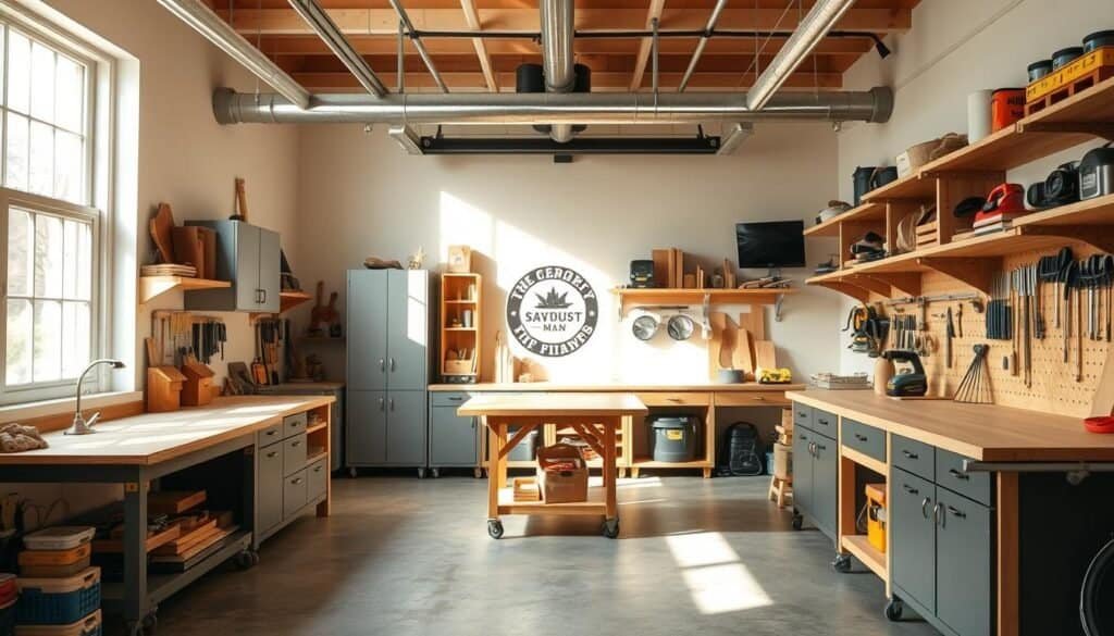 A bright, airy woodshop with a diverse range of mobile and modular storage solutions. Sleek workbenches on casters, customized tool cabinets, and adjustable shelving units line the walls. The "The Sawdust Man" logo is subtly incorporated into the design. Warm natural light streams in through large windows, casting a soft glow over the neatly organized space. The layout is flexible, allowing for easy reconfiguration as needs evolve. This well-designed, budget-friendly workshop showcases practical solutions for maximizing functionality in a small footprint.