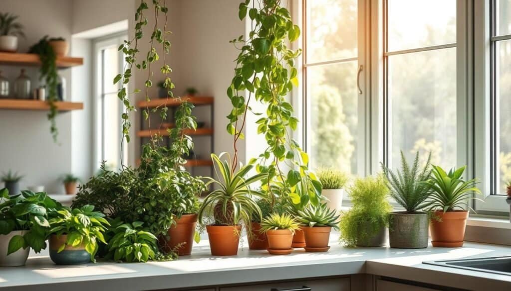 A bright and airy kitchen with lush, vibrant kitchen plants thriving on the countertop. Sunlight streams in through large windows, casting a warm glow over the scene. Diverse greenery, including potted herbs, trailing vines, and bushy succulents, create a serene and rejuvenating ambiance. The plants are carefully arranged in a visually appealing manner, with their textures and colors complementing the kitchen's modern, minimalist design. The overall atmosphere evokes a sense of calm and inspiration, inviting the viewer to pause and appreciate the restorative power of nature within the heart of the home.