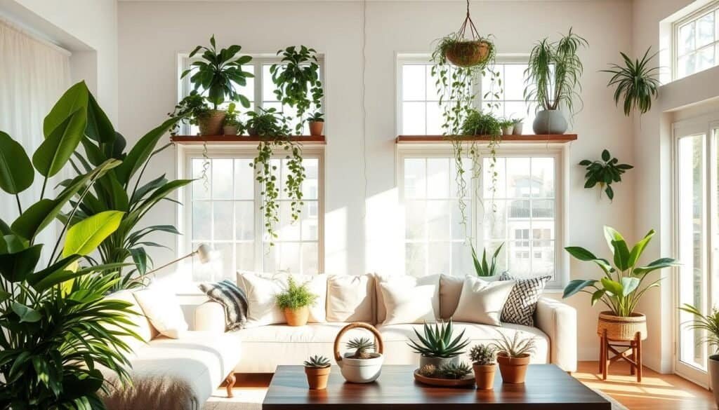 A bright and inviting living room with a variety of lush, thriving houseplants artfully arranged throughout. Large, leafy floor plants in the corners, trailing vines cascading from floating shelves, and potted succulents dotting the coffee table. Soft, natural lighting filters in through large windows, casting a warm, earthy glow across the space. The plants create a serene, nature-inspired atmosphere, seamlessly blending the indoors and outdoors. Carefully composed to balance form and function, this living room showcases how thoughtful plant placement can elevate a space and bring a sense of tranquility. A bright and inviting living room with a variety of lush, thriving houseplants artfully arranged throughout. Large, leafy floor plants in the corners, trailing vines cascading from floating shelves, and potted succulents dotting the coffee table. Soft, natural lighting filters in through large windows, casting a warm, earthy glow across the space. The plants create a serene, nature-inspired atmosphere, seamlessly blending the indoors and outdoors. Carefully composed to balance form and function, this living room showcases how thoughtful plant placement can elevate a space and bring a sense of tranquility.