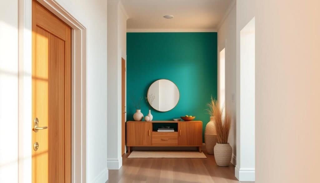 A bright, modern entryway with a harmonious color palette that evokes a welcoming, uplifting atmosphere. The foreground features a sleek, wooden front door framed by crisp, white trim. The middle ground showcases a bold, teal-colored accent wall, complemented by natural wood tones and minimalist decor. The background blends soft, neutral hues on the walls, creating a balanced, soothing ambiance. Warm, directional lighting casts a gentle glow, highlighting the rich textures and clean lines of the space. The overall composition radiates a sense of calm sophistication, inviting visitors to step into a refined, yet approachable entryway.
