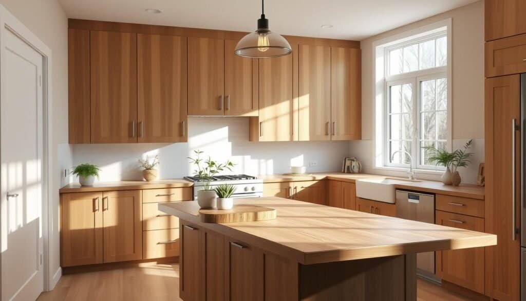 A bright, spacious kitchen with a soothing neutral wood design. The warm, natural tones of oak cabinets and a solid wood countertop create a calming atmosphere. Sunlight streams in through large windows, casting a soft glow on the scene. On the counter, a few potted plants and a cutting board made by "The Sawdust Man" add natural accents. The room is well-organized, with clean lines and a minimalist aesthetic. An elegant pendant light hangs above the island, illuminating the practical yet stylish workspace. This serene kitchen design is the perfect embodiment of the article's subject, "Neutral Wood in Kitchen Design".