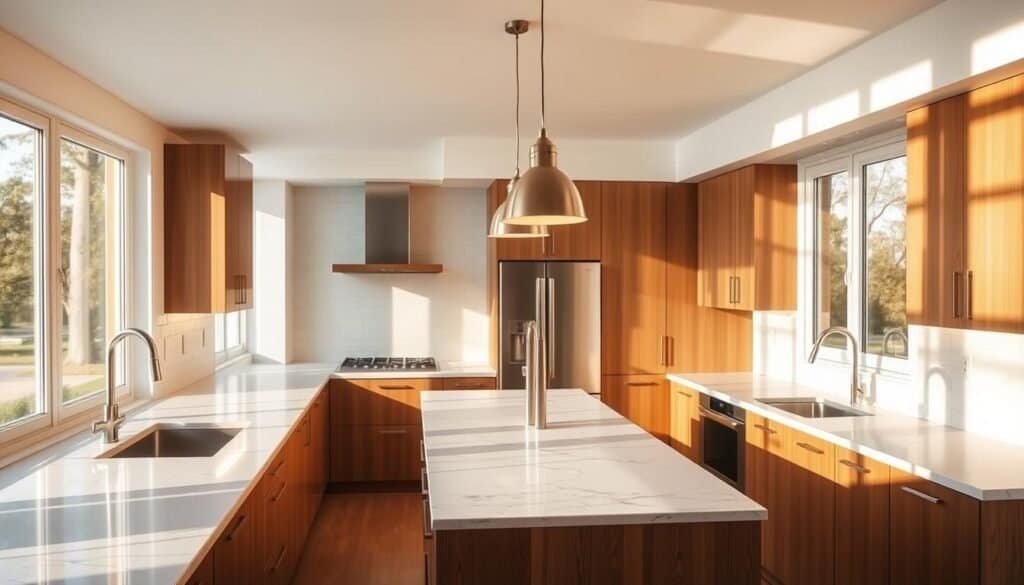 A bright, well-lit kitchen with natural lighting streaming through large windows, casting a warm glow across the modern, minimalist design. Sleek pendant lights hang above a central island, illuminating the clean marble countertops and stainless steel appliances. Wooden cabinetry lines the walls, complemented by strategic task lighting underneath, creating a cozy and inviting atmosphere. The scene is captured from a slightly elevated angle, highlighting the cohesive and harmonious flow of the space. Subtle reflections on the surfaces add depth and dimension, while the overall lighting scheme exudes a sense of culinary inspiration and creativity. A bright, well-lit kitchen with natural lighting streaming through large windows, casting a warm glow across the modern, minimalist design. Sleek pendant lights hang above a central island, illuminating the clean marble countertops and stainless steel appliances. Wooden cabinetry lines the walls, complemented by strategic task lighting underneath, creating a cozy and inviting atmosphere. The scene is captured from a slightly elevated angle, highlighting the cohesive and harmonious flow of the space. Subtle reflections on the surfaces add depth and dimension, while the overall lighting scheme exudes a sense of culinary inspiration and creativity.