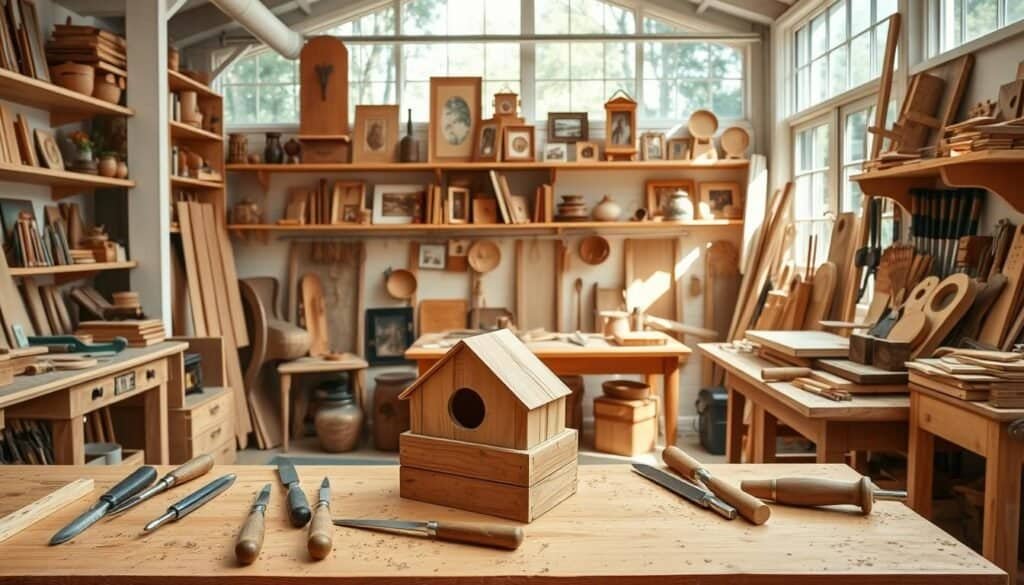 A bright, well-lit workshop filled with a variety of rustic, hand-crafted wooden objects. In the foreground, a workbench with chisels, saws, and other woodworking tools neatly arranged. On the bench, a half-finished DIY wooden project, such as a birdhouse or a simple storage crate. In the middle ground, shelves displaying an assortment of wooden items - picture frames, small tables, and other home décor pieces. The background showcases the workshop's natural setting, with large windows allowing ample natural light to flood the space. The overall atmosphere evokes a sense of creativity, accomplishment, and the satisfaction of hands-on, DIY projects.