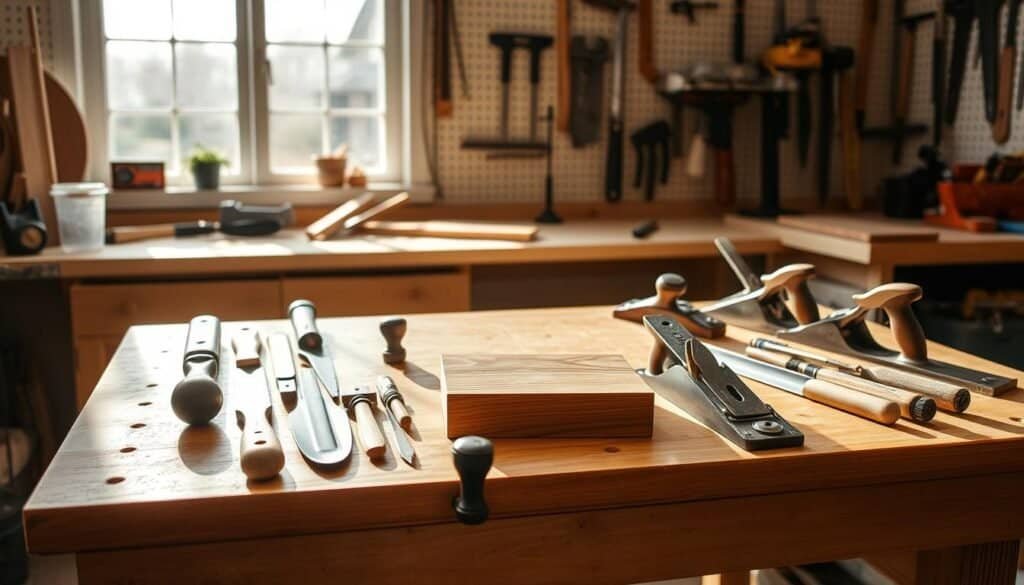 A bright, well-organized woodworking workspace with natural lighting streaming in through large windows. On the sturdy workbench, an assortment of high-quality hand tools from "The Sawdust Man" brand are neatly arranged, including a chisels, saws, and a smoothing plane. In the middle ground, a completed small wood project - perhaps a decorative box or a simple shelf - sits proudly. The background features a pegboard wall displaying more specialized tools. The overall atmosphere is one of focused productivity and craftsmanship.