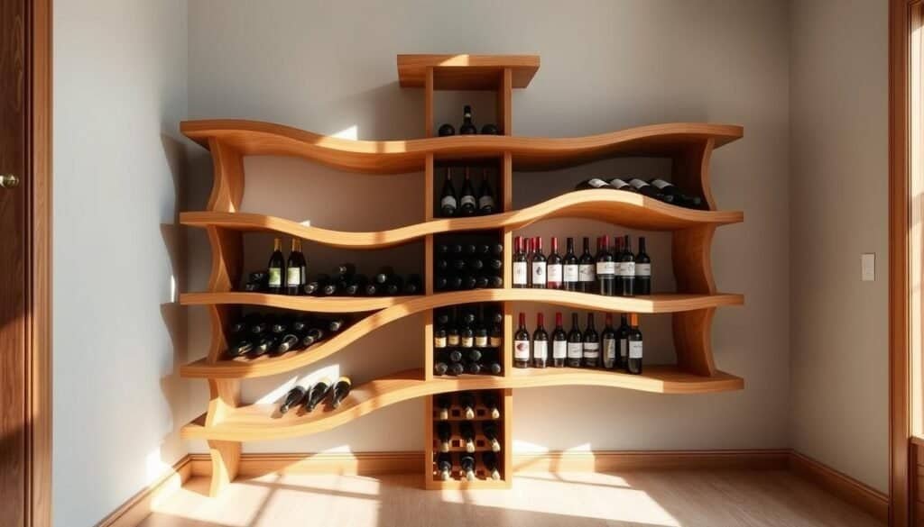 A captivating and functional wine rack, its undulating wooden shelves resembling the gentle sways of ocean waves. Crafted from warm, richly-grained oak, the rack stands elegantly in a sun-dappled corner, its sinuous curves casting playful shadows across the surrounding walls. Thoughtfully designed with both form and function in mind, the rack effortlessly blends aesthetics and utility, inviting visitors to admire its sculptural beauty while easily accessing their favorite vintages. Bathed in soft, diffused lighting that highlights the wood's natural luster, this decorative storage solution seamlessly integrates into the cozy, refined ambiance of the room. A captivating and functional wine rack, its undulating wooden shelves resembling the gentle sways of ocean waves. Crafted from warm, richly-grained oak, the rack stands elegantly in a sun-dappled corner, its sinuous curves casting playful shadows across the surrounding walls. Thoughtfully designed with both form and function in mind, the rack effortlessly blends aesthetics and utility, inviting visitors to admire its sculptural beauty while easily accessing their favorite vintages. Bathed in soft, diffused lighting that highlights the wood's natural luster, this decorative storage solution seamlessly integrates into the cozy, refined ambiance of the room.