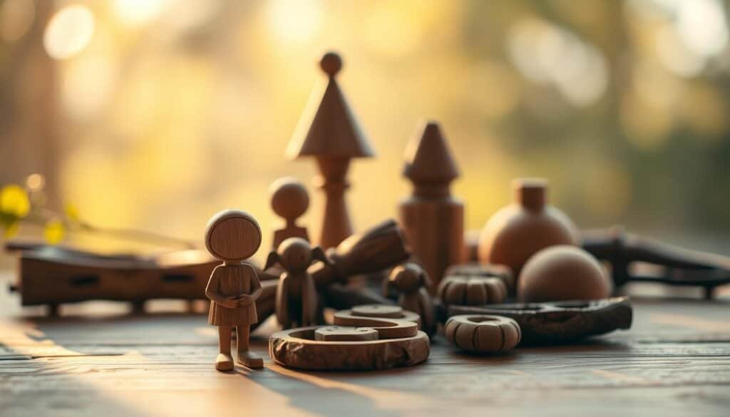 A charming and whimsical wooden decoration set against a softly lit, natural backdrop. A delicate, hand-carved figurine in the foreground, its intricate details highlighted by warm, diffused lighting. The middle ground features a collection of rustic, weathered wooden trinkets and accents, each with its own unique character and charm. In the background, a blurred, organic setting evokes a sense of tranquility and simplicity, allowing the wooden elements to take center stage. The overall scene radiates a sense of warmth, craftsmanship, and the joyful spirit of handmade decor.