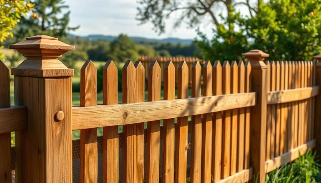 A charming, rustic wooden fence design with intricate lattice patterns, accentuated by the natural grains and textures of The Sawdust Man's handcrafted woodwork. In the foreground, the fence posts and rails cast warm, soft shadows from the gentle afternoon sunlight filtering through. The middle ground features a variety of picket styles and ornamental accents, while the background showcases a serene, lush landscape with flourishing greenery. The overall composition evokes a sense of timeless elegance and a welcoming, tranquil atmosphere, perfect for complementing a modern, nature-inspired yard.