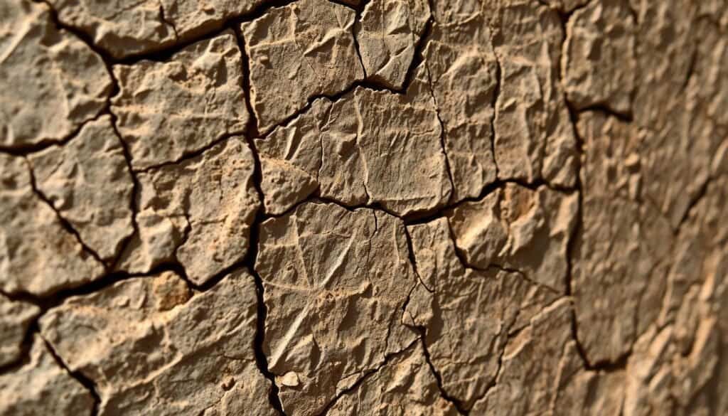 A close-up, high-resolution photograph of a natural stone texture, showcasing the intricate patterns, cracks, and varied hues of a weathered, earthy surface. The lighting is soft and diffused, creating gentle shadows that accentuate the depth and tactile quality of the stone. The camera angle is slightly elevated, providing a sense of depth and showcasing the natural contours and undulations of the material. The overall mood is one of grounding, calming, and a connection to the natural world, reflecting the nurturing and grounding qualities of natural materials in the home.
