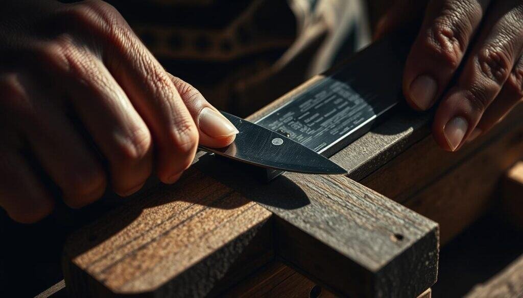 A close-up, highly detailed image of a person's hands carefully sharpening a woodworking blade on a traditional whetstone. The blade is made of high-quality, polished steel, and the whetstone is a natural, coarse-grained stone. The hands are working the blade at a precise angle, applying even pressure and consistent strokes to hone the edge to a razor-sharp finish. The scene is lit from the side, casting dramatic shadows and highlights that accentuate the intricate textures of the materials. The background is blurred, keeping the focus on the delicate sharpening technique. The overall mood is one of skilled craftsmanship and attention to detail.