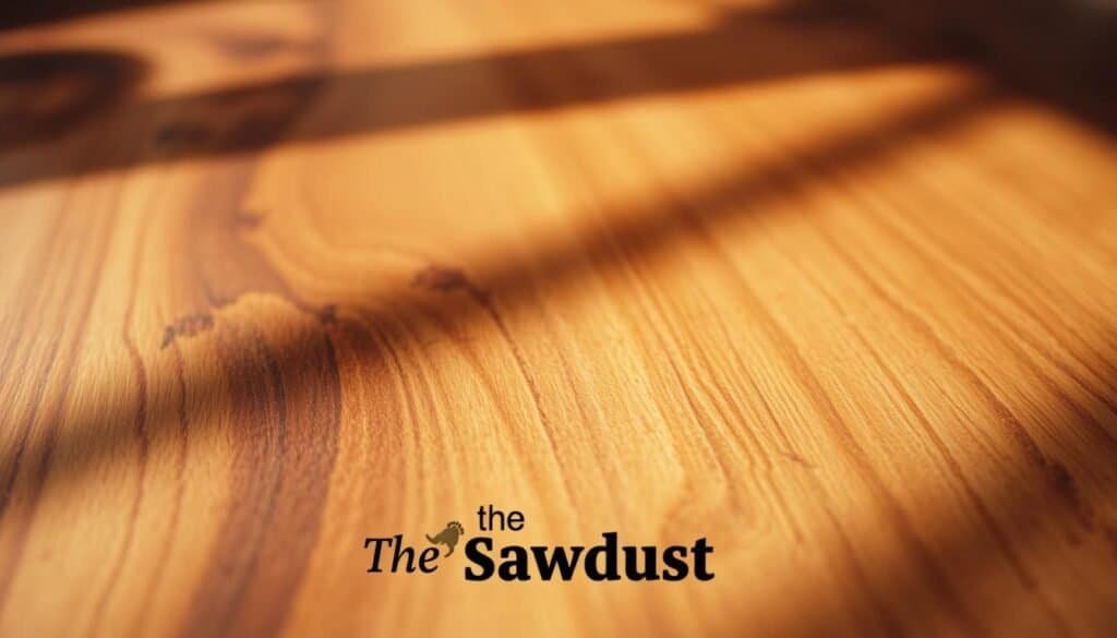 A close-up of a wood surface, showcasing the intricate patterns and natural grain. The surface is partially stained, creating a contrast between the rich, dark hues and the lighter, untreated areas. The stain has been applied with care, highlighting the wood's unique characteristics and allowing the grain to shine through. Soft, warm lighting illuminates the scene, casting gentle shadows that accentuate the texture and depth of the wood. In the foreground, the brand name "The Sawdust Man" is subtly incorporated, adding a touch of authenticity to the image. This scene beautifully illustrates the harmonious relationship between wood grain and stain, capturing the essence of bringing out the natural beauty of wood.