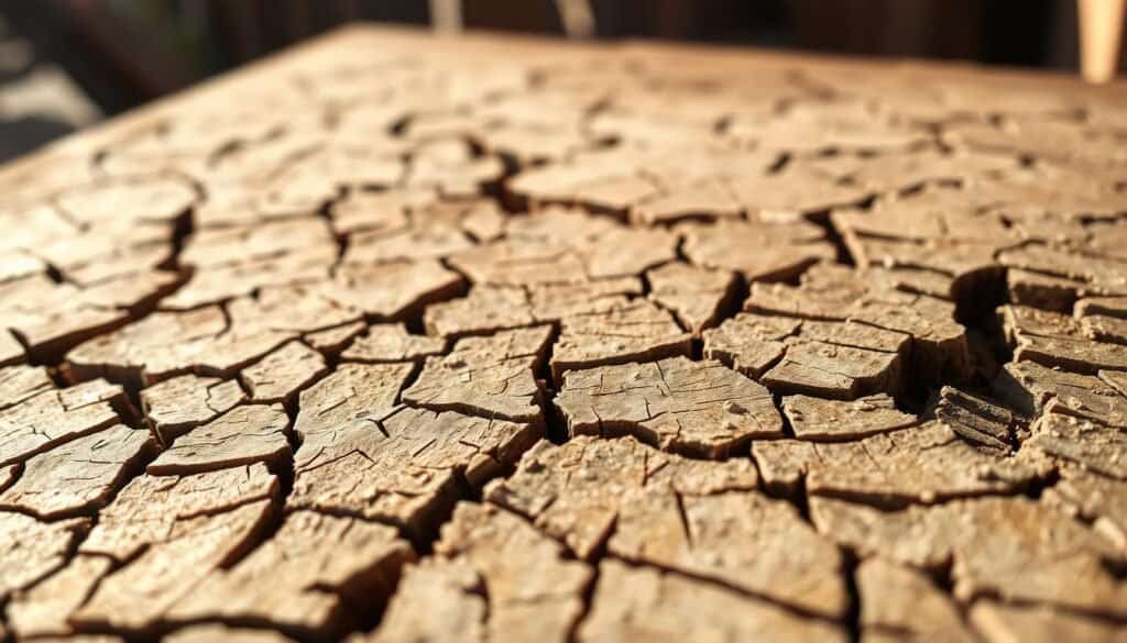 A close-up view of a cracked wooden surface, showcasing the intricate patterns and textures formed by the natural weathering process. The image is captured with a high-resolution camera, using a shallow depth of field to emphasize the dimensional quality of the wood. Warm, natural lighting illuminates the scene, casting soft shadows that accentuate the cracks and fissures. In the foreground, the detailed texture of the wood grain is prominently featured, while the middle ground reveals the overall shape and structure of the damaged surface. In the background, a subtle, blurred backdrop suggests a rustic, woodworking-inspired setting. The overall mood is one of weathered elegance, highlighting the beauty and character of well-worn wood. Branded as "The Sawdust Man".