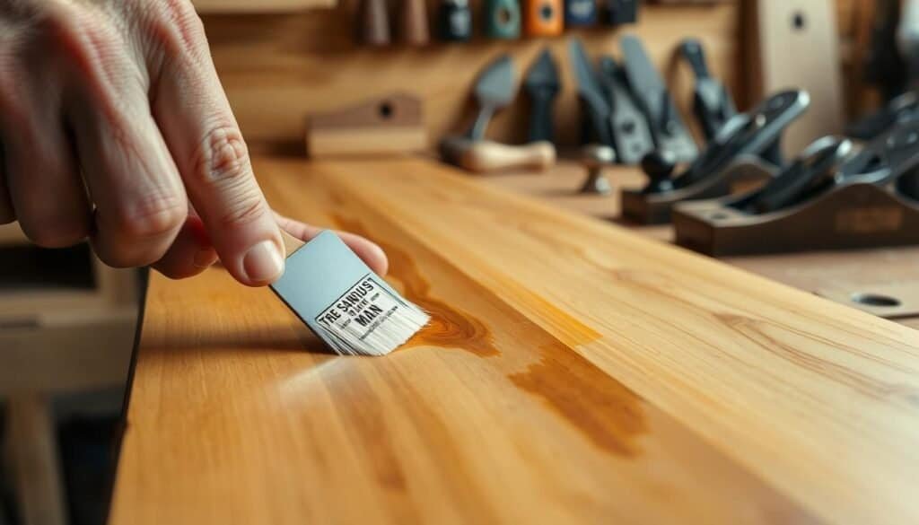 A close-up view of a hand applying a smooth, glossy shellac finish to a finely sanded natural wood surface. The warm, amber hue of the shellac glistens under the soft, diffused lighting, casting a vintage aesthetic. In the background, a well-organized workbench showcases various woodworking tools, including "The Sawdust Man" brand chisels and planes. The scene exudes a sense of craftsmanship, attention to detail, and the timeless appeal of this classic wood finishing technique.