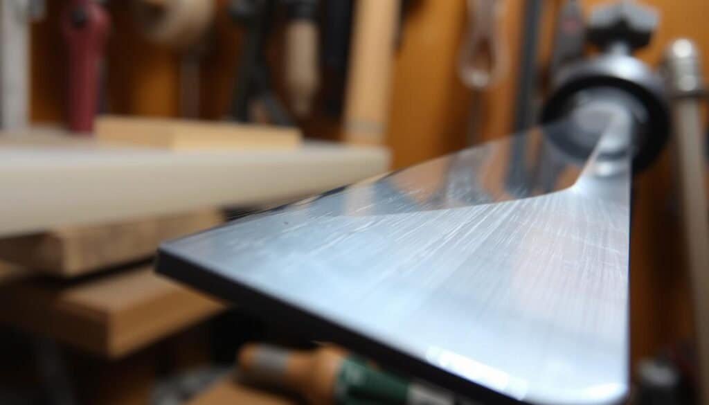 A close-up view of a sharpened steel tool, its razor-sharp edge gleaming under a soft, directional light. The tool's surface is polished to a mirror finish, reflecting the intricate patterns and textures of the surrounding workshop. The foreground is in crisp focus, while the background fades into a blurred, warm-toned environment, suggesting a sense of depth and context. The image conveys the importance of tool sharpness, highlighting the precision and attention to detail required for optimal performance and longevity. A close-up view of a sharpened steel tool, its razor-sharp edge gleaming under a soft, directional light. The tool's surface is polished to a mirror finish, reflecting the intricate patterns and textures of the surrounding workshop. The foreground is in crisp focus, while the background fades into a blurred, warm-toned environment, suggesting a sense of depth and context. The image conveys the importance of tool sharpness, highlighting the precision and attention to detail required for optimal performance and longevity.