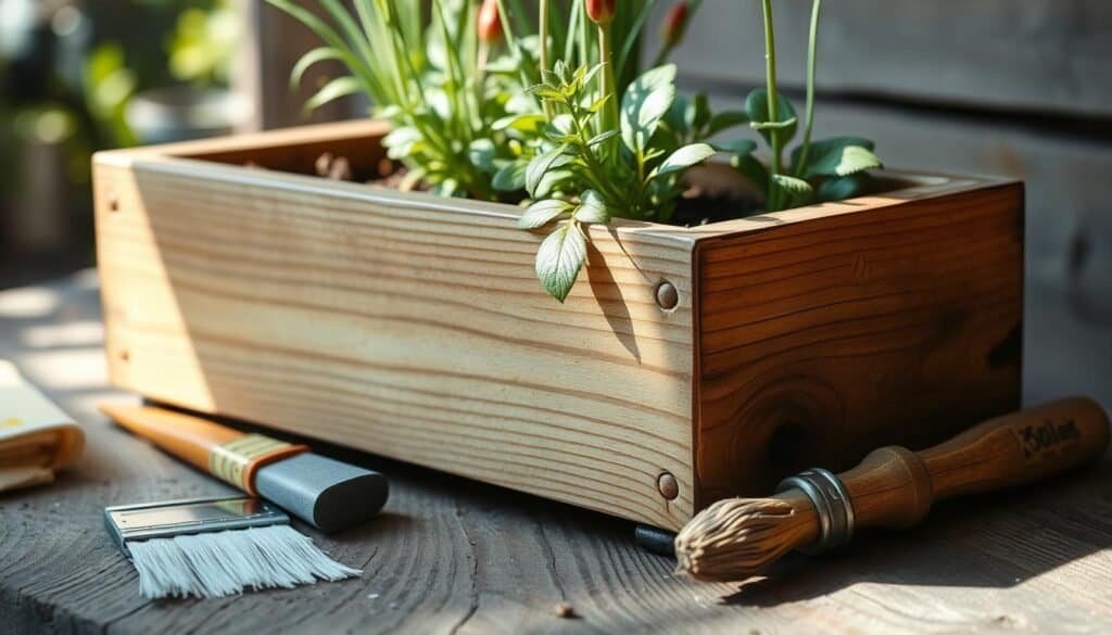 A close-up view of a well-maintained wooden planter, positioned on a rustic wooden surface with natural light streaming in. The planter's exterior is weathered but neatly sanded, revealing the grain of the wood. Nearby, a selection of gardening tools, including a paintbrush and sandpaper, suggests recent care. The planter's soil is fresh and the plants within it are thriving, creating a harmonious, natural composition. The overall atmosphere conveys a sense of calm and attention to detail, reflecting the thoughtful maintenance of this cherished outdoor accessory.