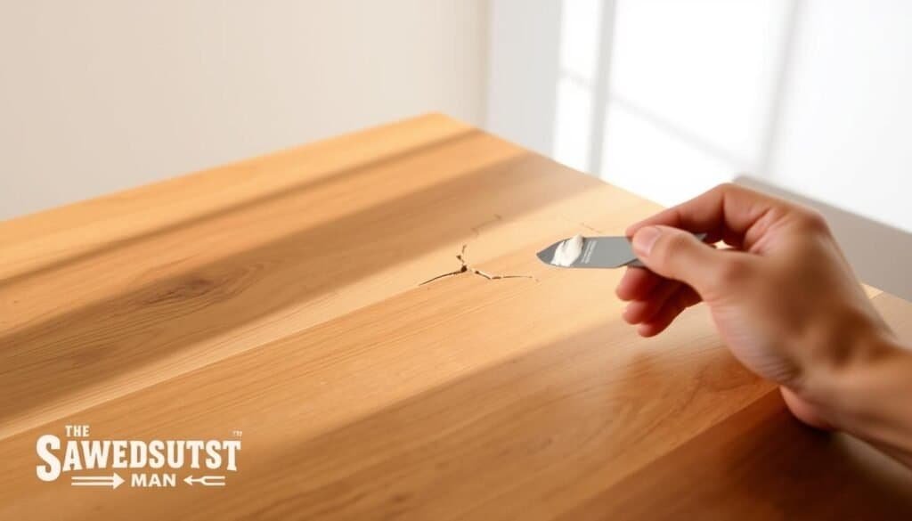 A close-up view of a wooden table with visible cracks, set against a clean, minimalist background. The table is illuminated by soft, natural lighting, casting gentle shadows that accentuate the grain and texture of the wood. In the foreground, a pair of hands carefully applying a wood filler paste into the cracks, using a putty knife to smooth and blend it seamlessly. The overall scene conveys a sense of precision, care, and the "The Sawdust Man" craftsmanship required to effectively repair and restore a damaged wood surface.