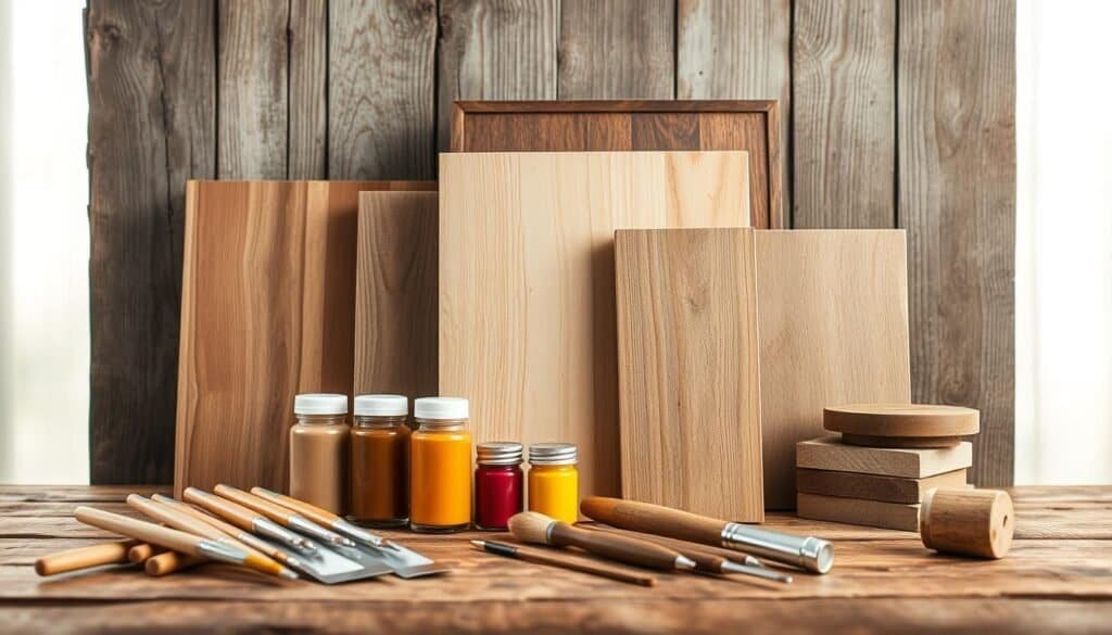 A closeup, high-resolution photograph of a collection of essential wood panel art materials arranged on a rustic wooden surface. The foreground features a variety of paintbrushes, palette knives, and acrylic paints in a range of warm, earthy tones. The middle ground showcases several wood panels of different sizes and grains, leaning against a weathered wooden backdrop. The background is softly lit, creating a cozy, inviting atmosphere that emphasizes the natural beauty and texture of the wood. The lighting is gentle, with soft shadows and highlights that accentuate the materials' details. The overall composition is balanced and visually appealing, capturing the essence of a simple, DIY wooden frame wall project.