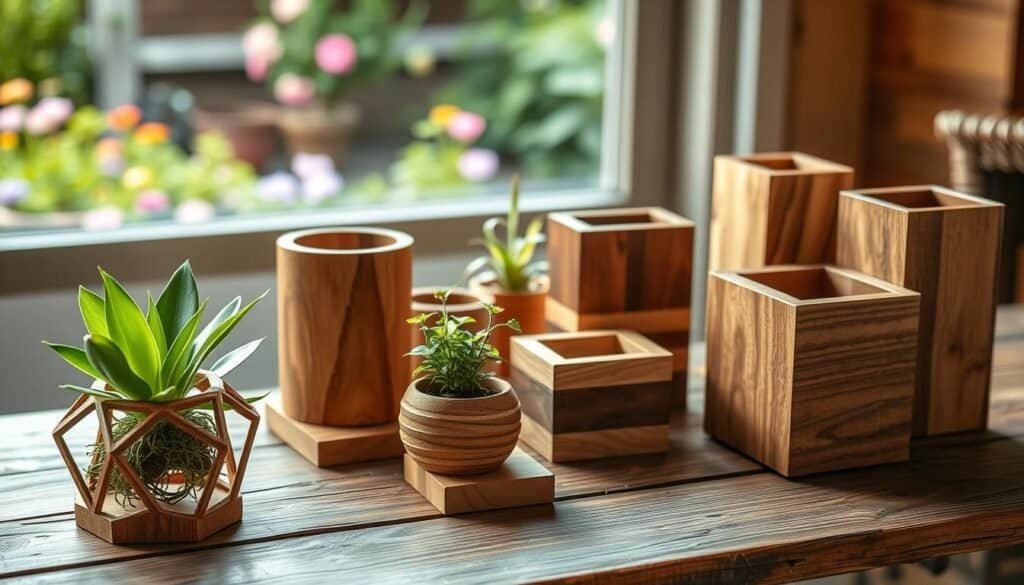 A collection of beautifully crafted wooden plant holders displayed on a rustic wooden table, showcasing various shapes and sizes, with lush green plants peeking out. In the foreground, an intricately designed hexagonal holder with a succulent, a round pot with vibrant flowers, and a tall rectangular planter. The middle ground features more plant holders with different wood finishes, such as oak, pine, and walnut, all positioned artfully to create an inviting atmosphere. Soft, natural lighting filters through a nearby window, casting gentle shadows and highlighting the grain of the wood. In the background, a blurred garden view with blooming flowers enhances the peaceful and serene mood of the scene. The overall ambiance conveys tranquility, encouraging viewers to embrace woodworking as a calming distraction.