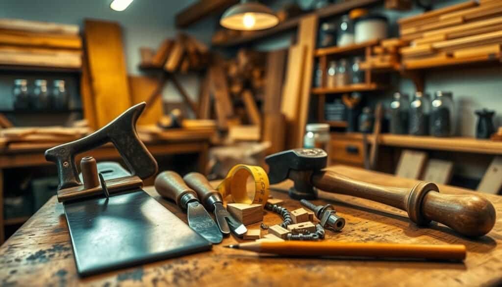 A collection of essential woodworking tools arranged on a wooden workbench. In the foreground, detail a vintage hand saw, a set of chisels, and a small hammer, showcasing their polished surfaces and worn wooden handles, reflecting craftsmanship. In the middle, add a measuring tape, a square, and a pencil, all neatly placed beside some wood scraps ready for tiny projects. The background features a softly lit workshop with shelves holding wood planks and jars of screws and nails. The warm glow of overhead lights creates a cozy, inviting atmosphere, emphasizing the feel of creativity and productivity. Capture the scene from a slightly elevated angle, allowing the viewer to appreciate the tools in their working environment, echoing the passion for DIY woodworking.