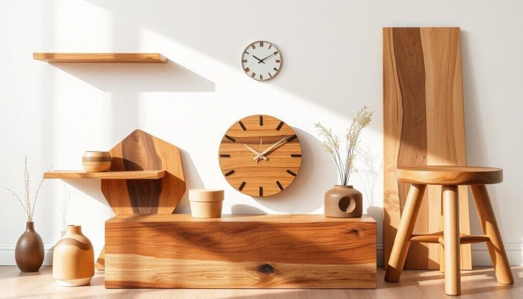 A collection of functional wooden accent pieces for everyday use, showcasing the natural beauty and warmth of wood. A variety of finely crafted objects, such as a minimalist wall-mounted shelf, a sleek wooden clock, and a handsome stool, arranged in a well-lit, modern interior setting. The pieces are highlighted by soft, directional lighting that casts subtle shadows, emphasizing their clean lines and precise joinery. The overall scene conveys a sense of understated elegance and a harmonious blend of form and function.