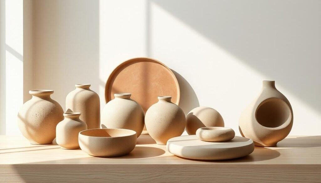 A collection of modern, sculptural ceramic home decor items arranged on a minimalist, light-colored wooden surface. The pieces feature organic, abstract shapes and muted, earthy tones, creating a calming, sophisticated ambiance. Soft, natural lighting from an elevated, diffused source casts gentle shadows, accentuating the pieces' textural details. The overall composition exudes a sense of balance, simplicity, and understated elegance, suitable for elevating any living space.