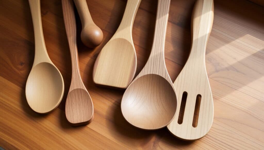 A collection of well-crafted, natural wooden kitchen utensils arranged on a warm, rustic wooden surface. The utensils include a hand-carved spoon, a sturdy spatula, and a sleek ladle, all with smooth, tactile surfaces and subtle variations in grain patterns. Soft, diffused natural lighting from a nearby window casts gentle shadows, highlighting the organic shapes and textures. The overall mood is one of simplicity, craftsmanship, and the comforting warmth of a well-used kitchen.