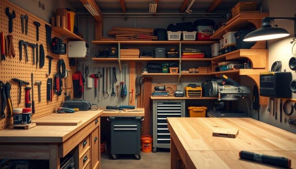 A compact workshop with carefully optimized storage solutions and ergonomic workstations. The foreground features a custom-built workbench with recessed drawers, pegboard walls, and neatly organized hand tools. The middle ground showcases a compact miter saw station and a mobile tool chest. The background reveals shelving units maximizing vertical space, housing an array of power tools, materials, and supplies. Warm task lighting illuminates the scene, casting a cozy, productive atmosphere. The overall layout demonstrates creative solutions to make the most of a limited footprint, inspiring efficient, clutter-free workshop design.