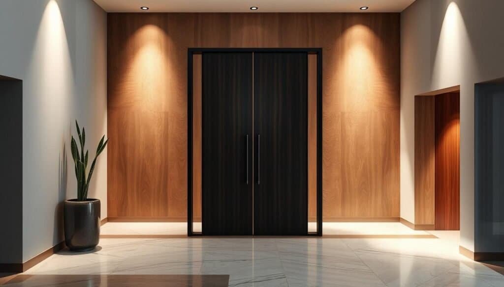 A contemporary entryway divider with clean lines and a minimalist aesthetic. A sleek partition of dark wood or metal, framed by smooth, natural materials that create a subtle, harmonious contrast. Gentle lighting casts a warm glow, highlighting the tactile textures and casting soft shadows that define the architectural space. The divider seamlessly integrates with the surrounding décor, serving as a functional yet elegant accent piece that elegantly separates and defines the entry area.