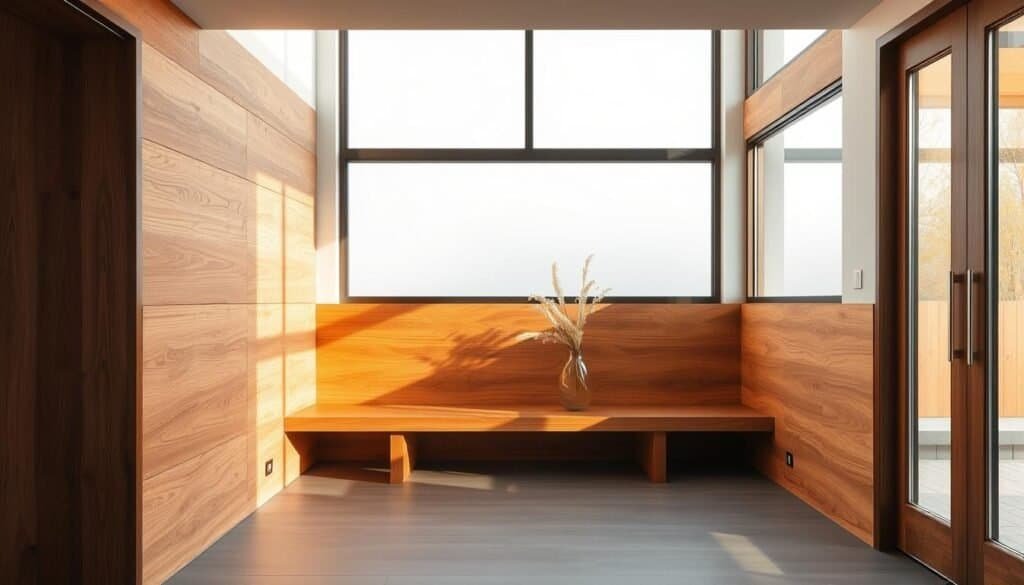 A contemporary entryway showcasing a warm, textural wood bench and wall paneling. Soft, diffused natural lighting from large windows casts a cozy glow, highlighting the wood's rich, rustic grains. Sleek, minimalist design complements the organic material, creating a harmonious, inviting transition space. The wood elements seamlessly blend form and function, drawing the eye inward and evoking a sense of mindful, grounded presence. A vase of fresh flowers or a simple decorative piece adds a touch of refined elegance. The scene exudes a refined, serene atmosphere, inviting one to pause, breathe, and be present upon entering the home. A contemporary entryway showcasing a warm, textural wood bench and wall paneling. Soft, diffused natural lighting from large windows casts a cozy glow, highlighting the wood's rich, rustic grains. Sleek, minimalist design complements the organic material, creating a harmonious, inviting transition space. The wood elements seamlessly blend form and function, drawing the eye inward and evoking a sense of mindful, grounded presence. A vase of fresh flowers or a simple decorative piece adds a touch of refined elegance. The scene exudes a refined, serene atmosphere, inviting one to pause, breathe, and be present upon entering the home.