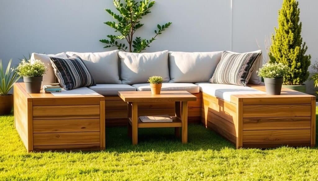 A cozy DIY outdoor sofa crafted from solid oak planks, hand-sanded and finished with a natural tung oil, positioned on a lush green lawn under a warm evening sun. Plush seat cushions in a neutral linen fabric invite relaxation, while potted plants and a wooden coffee table create a charming backyard nook. Crisp shadows and gentle highlights accentuate the woodgrain textures. The Sawdust Man's signature rustic yet refined design aesthetic shines through.