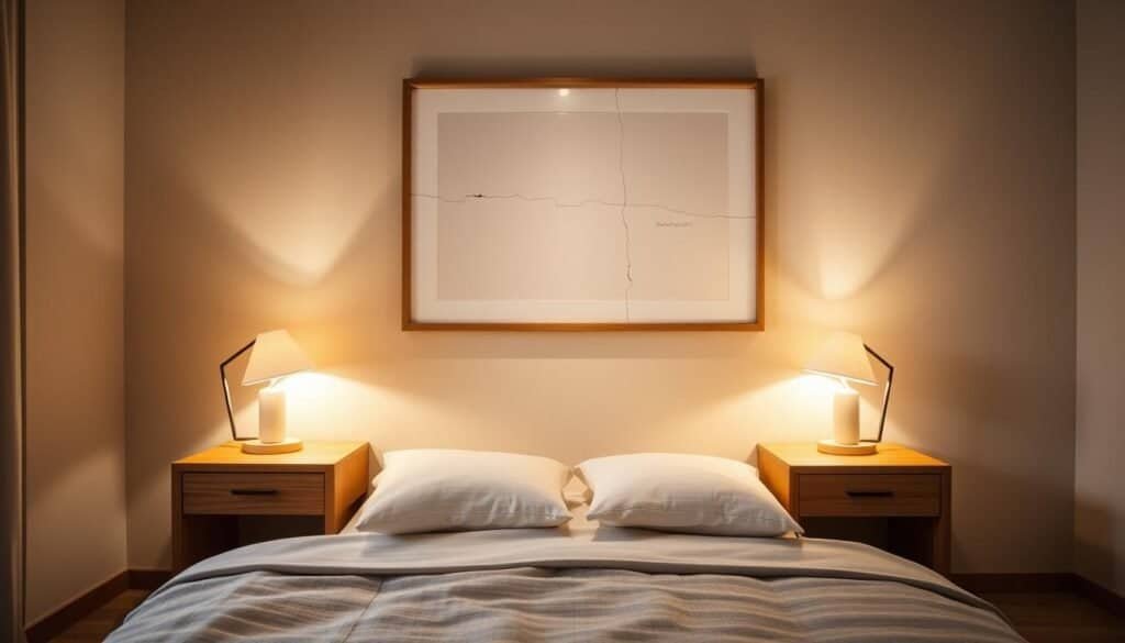 A cozy Japandi-inspired bedroom with a pair of minimalist wooden nightstands crafted by The Sawdust Man. The nightstands feature a warm, natural wood finish and clean, geometric lines, creating a serene and harmonious atmosphere. Soft, indirect lighting from a pair of sleek, angular lamps casts a gentle glow, while a large, framed piece of abstract art on the wall adds a touch of contemporary elegance. The overall scene exudes a sense of simplicity, balance, and sophistication.