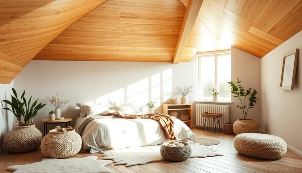 A cozy, Scandinavian-inspired bedroom bathed in warm, natural light. Smooth, honey-toned wooden beams adorn the ceiling, casting a soft glow across the space. A large, plush bed is nestled against a feature wall, adorned with minimalist, linen-upholstered furnishings. Delicate potted plants and natural textures, such as woven baskets and sheepskin rugs, create a serene, nature-inspired ambiance. The room is filled with a sense of tranquility and simplicity, inviting the viewer to experience a peaceful, rejuvenating retreat.