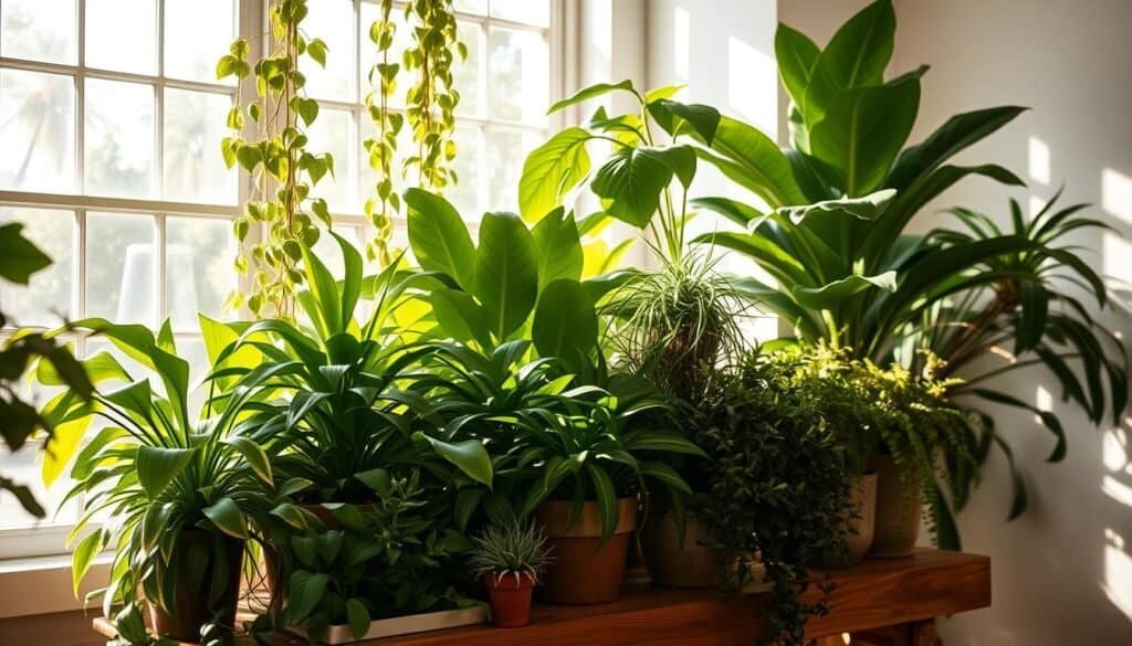 A cozy and calming indoor plant arrangement in a well-lit room, with lush greenery and soft, warm lighting. A mix of tall, trailing plants like pothos and philodendrons, alongside shorter, bushy plants like succulents and ferns. Sunlight streams in through large windows, casting gentle shadows and highlights across the foliage. The plants are placed on a rustic wooden table or shelf, creating a natural, earthy atmosphere. The overall scene evokes a sense of tranquility and serenity, perfect for reducing stress and promoting relaxation.