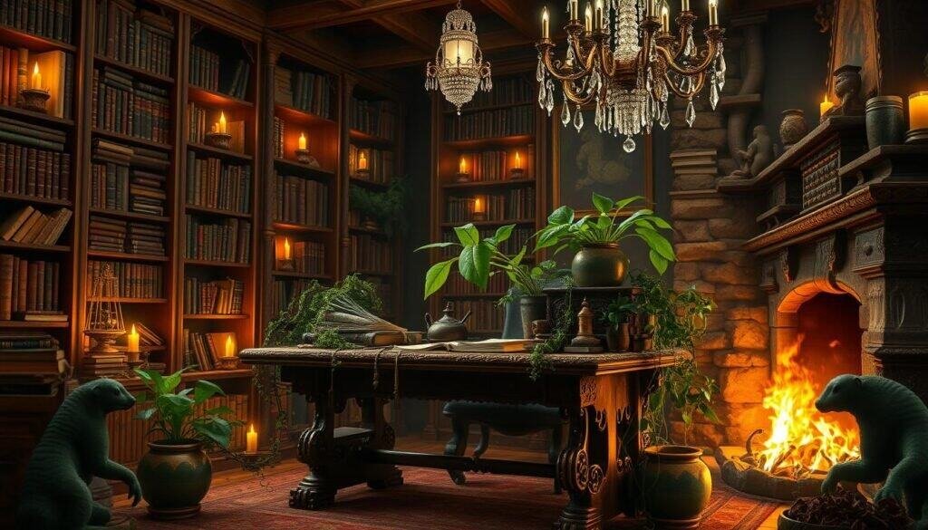 A cozy and enchanting wizard's study, bathed in warm candlelight and adorned with natural elements. Towering bookshelves line the walls, their shelves overflowing with ancient tomes. In the center, a large, ornate wooden desk commands attention, its surface covered in parchments, quills, and alchemical apparatus. Lush, verdant plants spill from decorative ceramic pots, their tendrils twining around the desk legs. Overhead, a magnificent crystal chandelier casts a soft, ethereal glow, while a roaring fireplace in the corner crackles and casts flickering shadows. The room exudes a sense of timeless magic and scholarly pursuit, inviting the viewer to step into a world of wonder and discovery.