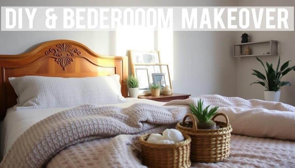 A cozy and inviting DIY bedroom makeover, featuring a warm wooden headboard with intricate carving details, plush textured bedding in neutral tones, and a mix of natural textures like woven baskets and potted plants. The lighting is soft and ambient, creating a serene and relaxing atmosphere. In the background, a minimalist bookshelf or wall shelf displays a few decorative items, while the overall composition emphasizes simplicity and a focus on natural, organic elements. The image captures the essence of a budget-friendly, yet stylish bedroom transformation. A cozy and inviting DIY bedroom makeover, featuring a warm wooden headboard with intricate carving details, plush textured bedding in neutral tones, and a mix of natural textures like woven baskets and potted plants. The lighting is soft and ambient, creating a serene and relaxing atmosphere. In the background, a minimalist bookshelf or wall shelf displays a few decorative items, while the overall composition emphasizes simplicity and a focus on natural, organic elements. The image captures the essence of a budget-friendly, yet stylish bedroom transformation.