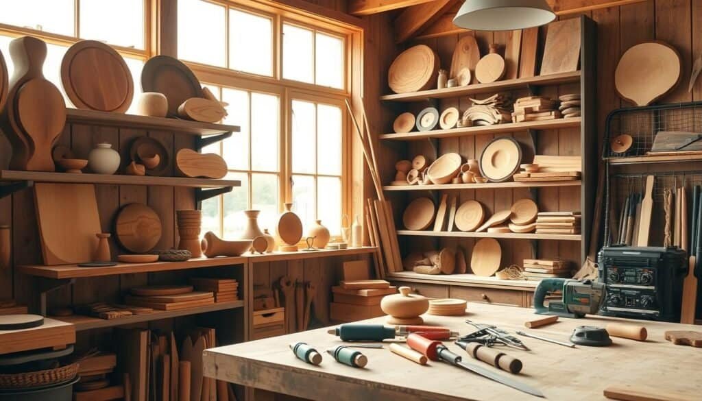 A cozy and inviting DIY wood workshop, with various handcrafted wooden objects on rustic shelves and a workbench. Warm, natural lighting from large windows illuminates the space, casting a soft glow on the different wood grains and textures. A variety of woodworking tools, such as saws, chisels, and sanders, are neatly organized on the workbench, ready for the next personalized project. The atmosphere exudes a sense of creativity, craftsmanship, and the satisfaction of creating something unique with one's own hands.