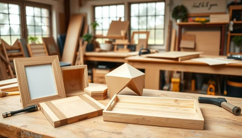 A cozy and inviting DIY woodworking scene. In the foreground, an assortment of simple yet charming wood projects – a rustic picture frame, a small geometric side table, and a chic wooden tray. The pieces are crafted with natural wood grain and a light, natural finish, exuding a warm, earthy aesthetic. The middle ground showcases essential woodworking tools like a hammer, saw, and sandpaper, neatly arranged on a wooden workbench. In the background, a well-lit workshop space with large windows, allowing ample natural light to illuminate the scene. An atmosphere of creativity, craftsmanship, and the satisfying experience of DIY home decor.
