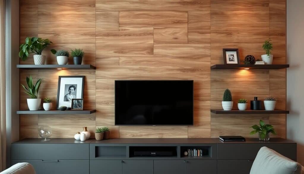 A cozy and inviting TV wall decor, featuring a rustic wooden panel backdrop with subtle textures and natural grain. Sleek floating shelves display an array of decorative elements, such as potted plants, framed artwork, and subtle lighting fixtures that cast a warm glow. The layout is balanced and symmetrical, creating a harmonious and visually appealing entertainment area. The overall mood is one of relaxation and refined sophistication, perfect for enhancing the ambiance of a living room space.